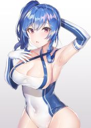Rule 34 | 1girl, absurdres, ahoge, arm behind head, arm up, armpits, azur lane, bad id, bad twitter id, bare shoulders, blue hair, blush, breasts, cleavage, collarbone, covered navel, elbow gloves, gloves, hair between eyes, halterneck, highres, hip focus, large breasts, long hair, looking at viewer, one-piece swimsuit, open mouth, ponytail, purple eyes, side ponytail, sidelocks, simple background, smile, solo, st. louis (azur lane), swimsuit, two-tone swimsuit, white background, white gloves, white one-piece swimsuit, yayoichi (yoruyoru108)