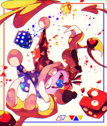 Rule 34 | blue hat, boots, bow, bowtie, brown footwear, claws, colored skin, commentary request, crack, fangs, half-closed eye, hat, heart, highres, holding dice, jester cap, kirby (series), looking at viewer, marx (kirby), mouth hold, nintendo, no humans, open mouth, petals, picture frame, polka dot headwear, pom pom (clothes), purple eyes, purple skin, red bow, red bowtie, red hat, shards, shirushiki, smile, solo, triangle, triangle print, two-tone headwear, white background, yellow wings
