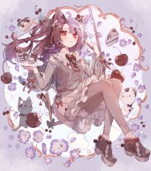 Rule 34 | 1girl, ahoge, animal ears, black footwear, black hair, bloomers, blue hair, blush, cake, cat ears, cat girl, cat tail, closed mouth, clothing cutout, crossed ankles, floating, food, full body, grey pantyhose, grey shirt, grey skirt, grey theme, hair between eyes, highres, holding, holding plate, knees together feet apart, legs, long hair, looking at viewer, multicolored hair, original, pantyhose, plate, platform footwear, pleated skirt, red eyes, shirt, shoes, shoulder cutout, sidelocks, skirt, smile, solo, tail, tsukumi bis, two-tone hair, underwear, white bloomers