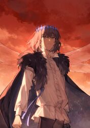 Rule 34 | 1boy, arthropod boy, blue eyes, cape, collared shirt, cowboy shot, crown, diamond hairband, dragonfly wings, fate/grand order, fate (series), fur-trimmed cape, fur trim, grey hair, highres, insect wings, long sleeves, looking at viewer, male focus, medium hair, oberon (fate), oberon (third ascension) (fate), s95156, shirt, solo, white shirt, wings
