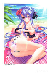 Rule 34 | 1girl, absurdres, ass, bare shoulders, beach, beach towel, bikini, blue hair, blue sky, blush, bow, braid, breasts, closed mouth, cloud, cloudy sky, collarbone, copyright name, covering privates, covering breasts, crown braid, dated, day, flower, hair bow, hair flower, hair ornament, hibiscus, highres, izumi tsubasu, jewelry, leaf, lying, medium breasts, necklace, ocean, official art, on side, outdoors, page number, purple eyes, scan, shiny skin, side-tie bikini bottom, sky, solo, summer pockets, sunlight, swimsuit, thighs, towel, water