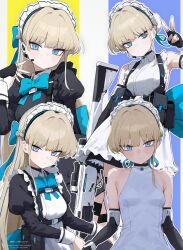 Rule 34 | 1girl, absurdres, amenatsu, apron, assault rifle, black dress, black gloves, black sleeves, blonde hair, blue archive, blue bow, blue bowtie, blue eyes, bodysuit, bow, bowtie, breasts, commentary request, detached sleeves, dress, expressionless, fingerless gloves, frills, gloves, gun, hair bow, hand up, hat, headset, highres, holding, holding gun, holding weapon, juliet sleeves, long hair, long sleeves, looking at viewer, maid apron, maid headdress, mob cap, multiple views, puffy sleeves, rifle, sidelocks, small breasts, toki (blue archive), upper body, v, weapon, white apron, white bodysuit