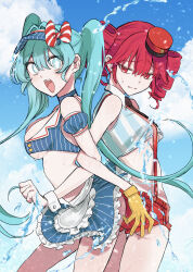 2girls absurdres adapted_costume apron aqua_eyes aqua_hair ass back-to-back blue_choker blue_skirt bow breasts choker detached_sleeves drill_hair gloves hatsune_miku highres kasane_teto kasane_teto_(sv) large_breasts locked_arms long_hair looking_at_another looking_at_viewer medium_breasts mesmerizer_(vocaloid) midriff miniskirt multiple_girls nashinomi_11 necktie open_mouth pinstripe_hat pinstripe_pattern red_shorts red_suspenders shirt short_sleeves shorts skirt sky sleeveless star-shaped_pupils star_(symbol) striped_clothes striped_hat striped_shirt swimsuit symbol-shaped_pupils synthesizer_v thighs twin_drills twintails underboob utau very_long_hair visor_cap vocaloid water wrist_cuffs yellow_gloves