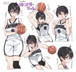 Rule 34 | 1girl, :t, ahoge, armpits, arms up, ball, basketball, basketball (object), black hair, blush, breasts, center-chan (tapioka (oekakitapioka)), character sheet, closed eyes, closed mouth, collarbone, commentary request, dribbling (basketball), from side, hair between eyes, hair intakes, highres, holding, holding ball, knee pads, large breasts, multiple views, nervous, nervous smile, one eye closed, open mouth, original, pants, purple eyes, shirt, short hair, simple background, single knee pad, sleeveless, sleeveless shirt, smile, tapioka (oekakitapioka), tomboy, upper body, very short hair, white background, white pants, white shirt
