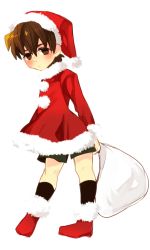 Rule 34 | 1boy, aged down, boots, brown eyes, brown hair, child, fate/zero, fate (series), hat, kotomine kirei, male focus, mogupen, sack, santa costume, santa hat, shorts, solo