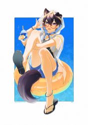 Rule 34 | 1boy, adjusting eyewear, alternate costume, animal ears, black hair, blue eyes, blue shorts, bone print, bracelet, cup, disposable cup, dog boy, dog ears, dog tail, drinking straw, earrings, full body, highres, holding, holding cup, indie virtual youtuber, inflatable raft, jewelry, looking at viewer, male focus, open clothes, open mouth, open shirt, patklugwlfxw3h7, pool, red-framed eyewear, sandals, see-through, see-through shirt, semi-rimless eyewear, short hair, short shorts, short sleeves, shorts, shoto (vtuber), tail, virtual youtuber, water