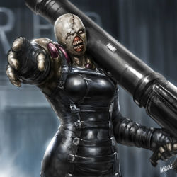 Rule 34 | 1girl, bald, bald girl, bodysuit, breasts, fingerless gloves, genderswap, genderswap (mtf), gloves, grey eyes, highres, holding, holding weapon, huge weapon, large breasts, leather, misawa kei, monster girl, nemesis (resident evil), no pupils, one-eyed, reaching, reaching towards viewer, resident evil, resident evil 3, resident evil 3: nemesis, resident evil 3 (remake), rocket launcher, signature, skin tight, solo, standing, stitches, weapon, zombie