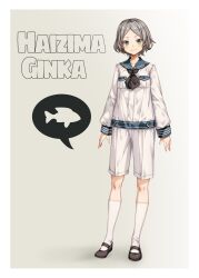 Rule 34 | 1girl, absurdres, alternate costume, arms at sides, black neckerchief, blue sailor collar, character name, closed mouth, commentary request, denonbu, full body, green eyes, grey background, grey hair, haijima ginka, highres, kneehighs, long sleeves, looking at viewer, neckerchief, sailor, sailor collar, sailor shirt, shirt, shoes, short hair, shorts, smile, socks, solo, speech bubble, standing, tauyuki saema, white shirt, white shorts, white socks