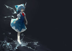 Rule 34 | 1girl, arm at side, bare arms, barefoot, blue bow, blue dress, blue eyes, blue hair, bow, cirno, dress, full body, hair bow, ice, ice wings, looking at viewer, medium dress, medium hair, pale skin, pointy ears, puffy short sleeves, puffy sleeves, short sleeves, solo, tiptoes, toes, touhou, tzafra, walking, wings
