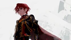 Rule 34 | alear (fire emblem), alear (male) (fire emblem), black shirt, cape, closed mouth, fire emblem, fire emblem engage, game ym0000, gold trim, highres, long sleeves, looking away, nintendo, past alear (male), red eyes, red hair, shirt, short hair, solo, white background