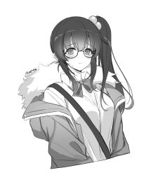 Rule 34 | 1girl, absurdres, bow, bowtie, collared shirt, counter:side, cropped torso, fur trim, glasses, greyscale, hair bobbles, hair ornament, highres, jacket, kim sobin, long hair, looking at viewer, maett, monochrome, off shoulder, open clothes, open jacket, semi-rimless eyewear, shirt, side ponytail, solo, strap, sweatdrop