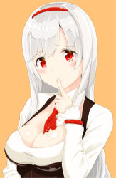 Rule 34 | 1girl, anna (sennen sensou aigis), blush, breasts, cleavage, collarbone, female focus, finger to mouth, hairband, large breasts, light smile, long hair, long sleeves, looking at viewer, nanashi m, orange background, red eyes, sennen sensou aigis, shushing, silver hair, simple background, solo, upper body
