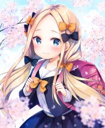 Rule 34 | 1girl, abigail williams (fate), alternate costume, backpack, bag, bag charm, belt, belt buckle, black bow, black jacket, black skirt, blonde hair, blue belt, blue eyes, blue sky, blurry, blurry foreground, blush, bow, branch, buckle, charm (object), cherry blossoms, closed mouth, cloud, cloudy sky, collared shirt, commentary request, day, depth of field, fate/grand order, fate (series), flower, forehead, hair bow, highres, hisama kumako, jacket, long hair, looking at viewer, low twintails, open clothes, open jacket, orange bow, outdoors, parted bangs, pink flower, pleated skirt, randoseru, shirt, skirt, sky, solo, twintails, very long hair, white shirt