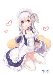 Rule 34 | 1girl, absurdres, apron, azur lane, belfast (azur lane), blue dress, braid, brown eyes, candy, clothes lift, commentary request, dress, dress lift, eating, elbow gloves, food, gloves, highres, lifted by self, little bel (azur lane), lollipop, long hair, maid headdress, open mouth, panties, side ponytail, silver hair, sitting, sleeveless, sleeveless dress, solo, thighhighs, underwear, waist apron, white panties, white thighhighs, aged down, yue (qtxyjiang)