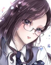 Rule 34 | 1girl, :o, blurry, blurry foreground, blush, depth of field, glasses, highres, idolmaster, idolmaster cinderella girls, idolmaster cinderella girls starlight stage, long hair, looking at viewer, necktie, parted bangs, portrait, purple hair, sakuragirei 0, school uniform, semi-rimless eyewear, signature, simple background, solo, white background, yagami makino