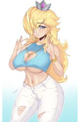 Rule 34 | 1girl, bad id, bad twitter id, bare shoulders, blonde hair, breasts, casual, cleavage, cleavage cutout, clothing cutout, crop top, darkmoney, earrings, hair over one eye, highres, jewelry, large breasts, long hair, looking at viewer, mario (series), necklace, nintendo, pants, rosalina, smile, solo, star (symbol), star earrings, star necklace, super mario galaxy, torn clothes, torn pants, underboob
