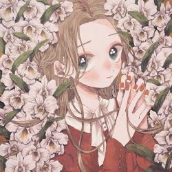 Rule 34 | 1girl, aqua eyes, blush, brown hair, flower, hands up, highres, leaf, long hair, long sleeves, looking at viewer, momo walnut, nail polish, original, own hands together, plant, red nails, red shirt, shirt, solo, upper body, white flower