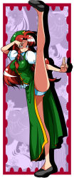 Rule 34 | 1girl, bad id, bad pixiv id, blue eyes, braid, china dress, chinese clothes, dress, female focus, fighting stance, flexible, hair ribbon, hat, highres, hong meiling, immaterial and missing power, legs, long hair, panties, pantyshot, ranchuu, ranchuu (akamusume), red hair, ribbon, solo, split, standing, standing on one leg, touhou, twin braids, underwear