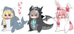 Rule 34 | 1girl, 2boys, animal costume, animal ears, animal hood, arms up, astolfo (fate), black bow, black horns, blonde hair, blue eyes, blue tail, blush, bow, braid, chibi, claws, closed eyes, dragon costume, dragon hood, dragon horns, dragon tail, dragon wings, ear bow, fake animal ears, fake horns, fake tail, fake wings, fang, fate/apocrypha, fate (series), fins, fish tail, flying sweatdrops, grey hair, grey tail, hair bow, hair intakes, haoro, heart, heart in mouth, hood, horns, jeanne d&#039;arc (fate), long braid, long hair, multicolored hair, multiple boys, open mouth, pink hair, pink tail, purple eyes, rabbit costume, rabbit tail, red bow, red eyes, shark costume, shark hood, shark tail, sharp teeth, short hair, sieg (fate), simple background, single braid, skin fang, smile, streaked hair, tail, tail bow, tail ornament, teeth, two-tone hair, white background, white hair, wings