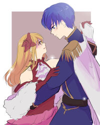 Rule 34 | 1boy, 1girl, absurdres, arm around waist, ballgown, ballroom dancing, ballroom dress, ballroom gown, blue coat, cape, chikefu, coat, commentary request, dancing, dress, finn (fire emblem), fire emblem, fire emblem: genealogy of the holy war, fire emblem heroes, gloves, hetero, highres, interlocked fingers, lachesis (fire emblem), lachesis (masquerade) (fire emblem), looking at another, nintendo, red dress, sleeveless, sleeveless dress, white cape, white gloves