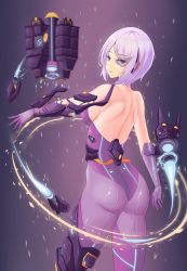 Rule 34 | 1girl, artist request, ass, back, backless outfit, bare shoulders, bodysuit, breasts, from behind, gloves, looking at viewer, looking back, mecha musume, medium breasts, neon trim, open mouth, original, parted lips, purple-tinted eyewear, purple eyes, purple hair, scouter, shiny clothes, shiny skin, short hair, sideboob, solo, tinted eyewear, weapon