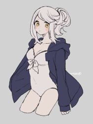 Rule 34 | 1girl, blush stickers, breasts, cleavage, covered navel, cropped legs, expressionless, highres, hood, hood down, hoodie, long sleeves, maco22, medium breasts, one-piece swimsuit, original, ponytail, sleeves past wrists, solo, swimsuit, white hair, yellow eyes