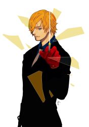 Rule 34 | 1boy, blonde hair, blue eyes, cigarette, closed mouth, commentary, curly eyebrows, facial hair, formal, gloves, goatee, highres, holding, holding cigarette, k164, looking at viewer, male focus, necktie, one piece, red gloves, sanji (one piece), short hair, signature, smile, smoke, solo, suit