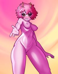 Rule 34 | 1girl, absurdres, antlers, arm at side, armpits, artist request, ashido mina, black sclera, blush, boku no hero academia, breasts, cleft of venus, collarbone, colored nipples, colored sclera, colored skin, completely nude, evening, eyelashes, female focus, from below, gluteal fold, happy, highres, horns, huge filesize, legs, looking at viewer, medium breasts, midriff, navel, neck, nipples, nude, outdoors, pink hair, pink skin, pov, pussy, shiny skin, short hair, sky, smile, standing, thighs