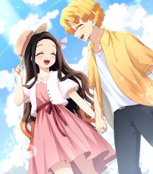 Rule 34 | 1boy, agatsuma zenitsu, bare legs, black pants, black shorts, blonde hair, blush, cloud, cloudy sky, closed eyes, hair ornament, hair ribbon, haori, hat, highres, holding, holding clothes, holding hands, holding hat, jacket, japanese clothes, jewelry, kamado nezuko, kimetsu no yaiba, long hair, looking at viewer, multicolored hair, necklace, open mouth, pants, pink ribbon, pori (kmt pori), ribbon, shirt, shorts, skirt, sky, t-shirt, very long hair, white shirt, yellow jacket