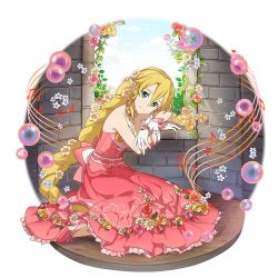 Rule 34 | 1girl, blonde hair, braid, braided ponytail, breasts, cleavage, closed mouth, collarbone, dress, flower, frilled dress, frills, gloves, green eyes, hair between eyes, hair flower, hair ornament, highres, layered dress, leafa, lolita fashion, long dress, long hair, medium breasts, musical note, official art, pink dress, pointy ears, ponytail, rapunzel, sleeveless, sleeveless dress, smile, solo, strapless, strapless dress, sword art online, sword art online: memory defrag, transparent background, very long hair, white flower, white gloves