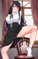 Rule 34 | arms behind back, black hair, black skirt, blouse, blush, breasts, brown eyes, chair, collarbone, feet, gluteal fold, hair ribbon, half-closed eyes, head tilt, highres, indoors, jack dempa, leg up, looking at viewer, medium breasts, no shoes, object insertion, original, remote control vibrator, ribbon, sex toy, shirt, sidelocks, skirt, smile, socks, solo, spread legs, sweat, thighs, vibrator, white ribbon, white shirt, white socks