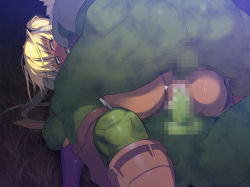 Rule 34 | 00s, 1girl, 2boys, anal, ass, blonde hair, blue eyes, breasts, censored, dark skin, double penetration, fangs, grass, hetero, large breasts, leotard, looking back, lying, monster, multiple boys, multiple penetration, namaniku atk, nipples, orc, penis, pussy juice, sex, shiny skin, sitting, sitting on person, sky, taimanin (series), taimanin asagi, taimanin asagi kessen arena, testicles, twintails, vaginal, yomi akitsu