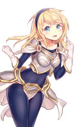 Rule 34 | 1girl, armor, bad id, bad pixiv id, blonde hair, blue eyes, blush, gloves, goyain, hairband, highres, league of legends, long hair, looking at viewer, lux (league of legends), pointing, pointing at self, simple background, solo, white background, white gloves