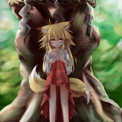 Rule 34 | 1girl, :d, animal ears, blonde hair, blush, clothes lift, flat chest, fox ears, fox tail, hakama, hakama lift, hakama skirt, haori, highres, japanese clothes, long hair, multiple tails, off shoulder, open clothes, open mouth, original, red hakama, rope, senbon, shadow, shimenawa, skirt, smile, tail, two tails