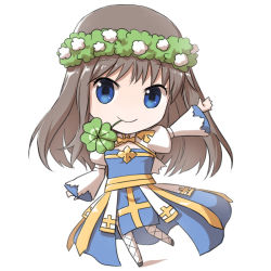 Rule 34 | 1girl, arch bishop (ragnarok online), blue dress, blue eyes, brown hair, chibi, cleavage cutout, closed mouth, clothing cutout, clover, commentary request, cross, dress, fishnet thighhighs, fishnets, four-leaf clover, full body, head wreath, juliet sleeves, long hair, long sleeves, looking at viewer, mouth hold, natsuya (kuttuki), puffy sleeves, ragnarok online, sash, simple background, smile, solo, stalk in mouth, thighhighs, two-tone dress, white background, white dress, white thighhighs, yellow sash