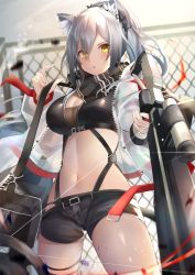 Rule 34 | 1girl, absurdres, animal ear fluff, animal ears, arknights, bag, belt, black belt, black scarf, black shorts, blush, breasts, cat ears, chain-link fence, cleavage, commentary, cowboy shot, crop top, fence, highres, jacket, kyoro ina, large breasts, long hair, long sleeves, looking at viewer, midriff, navel, open clothes, open jacket, parted lips, scarf, schwarz (arknights), short shorts, shorts, silver hair, solo, standing, stomach, thighs, weapon, white jacket, yellow eyes