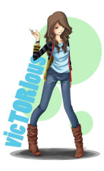 Rule 34 | 1girl, boots, brown eyes, brown hair, denim, highres, jacket, jeans, long hair, open clothes, open jacket, open mouth, pants, solo, teeth, tori vega, victorious