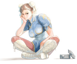 Rule 34 | 1girl, a ichiro, bad id, bad pixiv id, blue dress, boots, breasts, brown eyes, brown pantyhose, bun cover, capcom, china dress, chinese clothes, chun-li, cross-laced footwear, crossed legs, double bun, dress, hair bun, head rest, lace-up boots, large breasts, pantyhose, pelvic curtain, puffy short sleeves, puffy sleeves, shadow, short sleeves, simple background, solo, spikes, street fighter, white background, white footwear