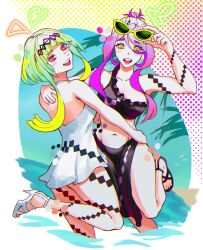 Rule 34 | 2girls, andrich galam, beach, colored eyelashes, dancing, dress, figue (soul hackers 2), green hair, halftone, halftone background, heart (symbol), heels, highres, hugging each other, in water, leg up, multicolored eyes, multicolored hair, multiple girls, ocean, palm tree, purple eyes, purple hair, rainbow eyes, ringo (soul hackers 2), sandals, short hair with long locks, sky, soul hackers 2, sundress, sunglasses, tree, triangle, two-tone hair, waves