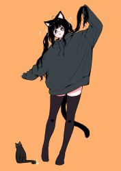 Rule 34 | 1girl, :d, ahoge, alternate hairstyle, animal ear fluff, animal ears, arm up, black cat, black eyes, black hair, black thighhighs, blush, blush stickers, bright pupils, cat, cat ears, cat girl, cat tail, grey hoodie, hand in own hair, heel up, highres, holding, holding hair, hood, hoodie, megateru, nose blush, open mouth, orange background, original, oversized clothes, ribbon, sleeves past wrists, smile, solo, tail, thighhighs, twintails, white pupils, white ribbon
