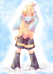 Rule 34 | 1boy, bad id, bad pixiv id, blonde hair, closed eyes, full body, gradient background, hands in pockets, hashi moto, kagamine len, male focus, scarf, short hair, smile, snow, solo, vocaloid, white background