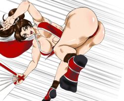 Rule 34 | 1girl, ass, ass focus, breasts, brown eyes, brown hair, fan, fatal fury, high ponytail, huge ass, japanese clothes, large breasts, looking at viewer, revealing clothes, shiny skin, shiranui mai, solo, the king of fighters, wide hips