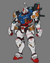 armor blue_armor cable clenched_hands commentary crossover english_commentary full_body fusion grey_background gun gun_on_back gundam handle highres joints lancer_rpg mecha mobile_suit multicolored_armor red_armor red_stripes robot robot_joints rx-78-2_gundam shadefish1 sketch weapon weapon_on_back white_armor white_stripes yellow_armor yellow_eyes