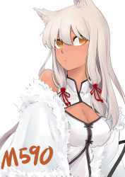 Rule 34 | 1girl, animal ears, bare shoulders, breasts, character name, cleavage, cleavage cutout, clothing cutout, dark-skinned female, dark skin, expressionless, fur trim, girls&#039; frontline, highres, long hair, looking at viewer, m590 (girls&#039; frontline), medium breasts, official alternate costume, sin seishun, solo, upper body, white background, white hair, yellow eyes