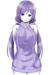 Rule 34 | 1girl, arms at sides, arms behind back, breasts, commentary request, cowboy shot, highres, large breasts, long hair, looking at viewer, love live!, love live! school idol project, meme attire, monochrome, purple theme, ribbed sweater, simple background, sky-freedom, sleeveless, smile, solo, standing, sweater, tojo nozomi, turtleneck, turtleneck sweater, twintails, virgin killer sweater, white background