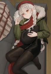 Rule 34 | 1girl, absurdres, animal, black cat, black pantyhose, black skirt, braid, braided bangs, cat, closed mouth, commission, couch, from above, fur-trimmed hood, fur trim, gepard m1 (girls&#039; frontline), girls&#039; frontline, green jacket, hair between eyes, hair ornament, hairclip, highres, holding, holding animal, holding cat, hood, hooded jacket, jacket, kir (khw66136132), long hair, looking at viewer, lying, no shoes, on couch, open clothes, open jacket, pantyhose, pencil skirt, pixiv commission, plaid, red headwear, red scarf, scarf, skirt, solo, twintails, white hair, yellow eyes