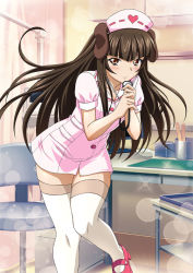 Rule 34 | 00s, 1girl, animal ears, brown eyes, brown hair, collarbone, dog ears, eyebrows, hat, ikkitousen, indoors, long hair, looking at viewer, nurse, own hands together, solo, stethoscope, ten&#039;i (ikkitousen), thighhighs, white thighhighs