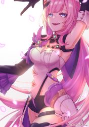 Rule 34 | 1girl, :d, absurdres, arm up, armpits, artist name, asymmetrical sleeves, black shorts, breasts, cleavage, elf, elysia (honkai impact), elysia (miss pink elf) (honkai impact), hair ornament, highres, honkai (series), honkai impact 3rd, long hair, long sleeves, looking at viewer, mismatched sleeves, natsukn, navel, open mouth, pink hair, pointy ears, ponytail, shirt, shorts, smile, solo, white background, white shirt