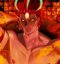 Rule 34 | 1boy, ashwatthama (fate), chakram, closed mouth, dark skin, dark-skinned male, fate/grand order, fate (series), fire, gauntlets, haiki (tegusu), highres, looking at viewer, male focus, manly, nipples, red hair, solo, upper body, weapon, yellow eyes