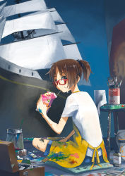 Rule 34 | 1girl, apron, bad id, bad pixiv id, brown eyes, brown hair, campbell&#039;s, drinking, drinking straw, glasses, kusakabe (kusakabeworks), looking at viewer, original, paint splatter, paint splatter on face, paintbrush, painting (action), painting (object), red-framed eyewear, short ponytail